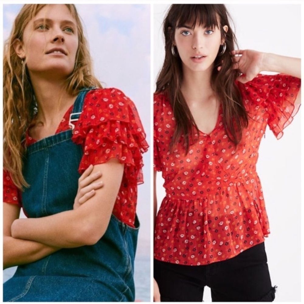 Madewell Red Floral Ruffle Sleeve Peplum Blouse